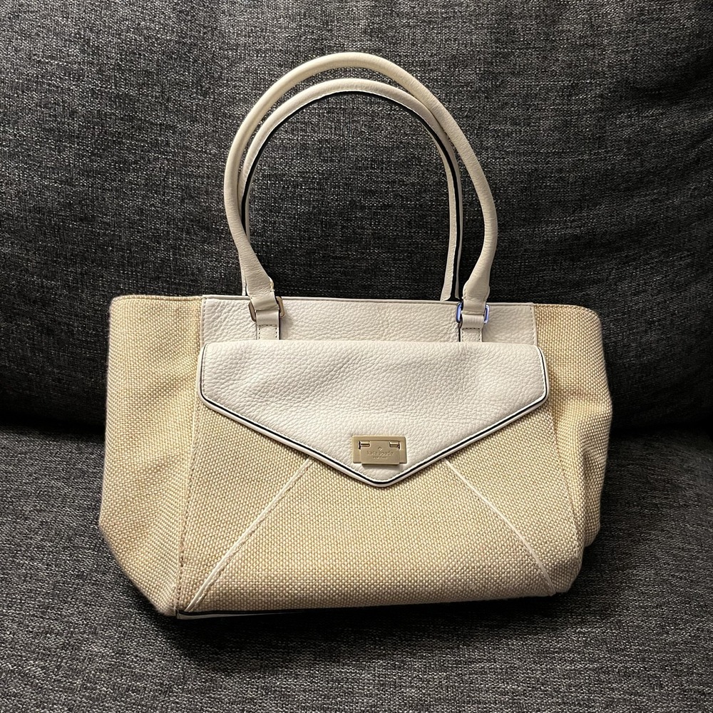 Kate Spade Tote Bag Womens Medium Beige White Leather Shoulder Purse Zip Top
